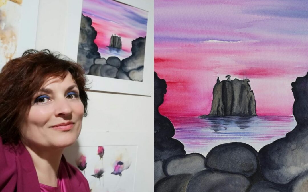 “Stromboli la meraviglia della Sicilia” in Finlandia, acquerello dell’artista barcellonese Angela Saja